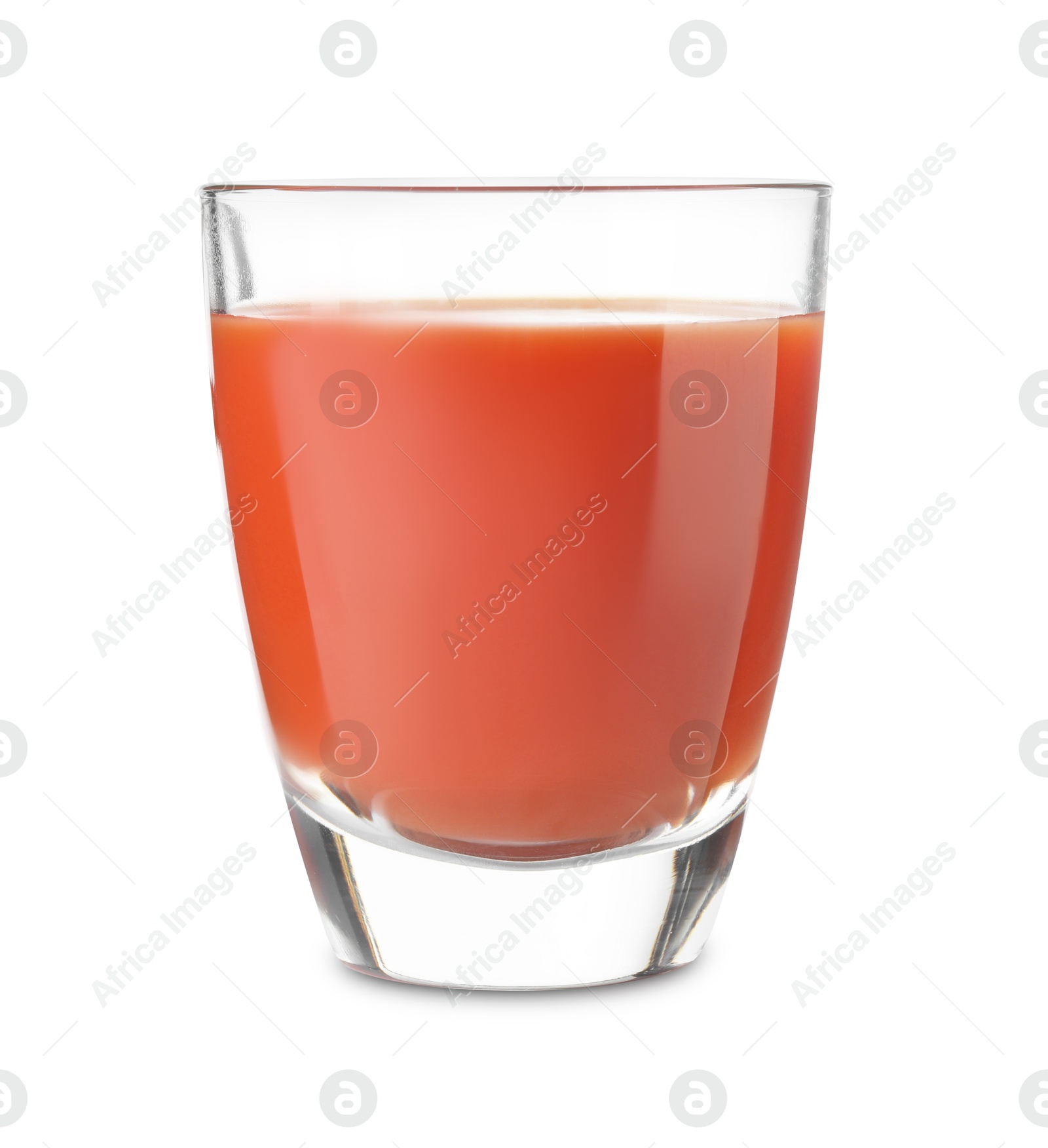 Photo of Fresh tomato juice in glass isolated on white