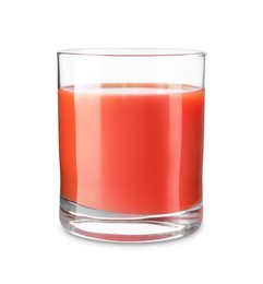 Photo of Fresh tomato juice in glass isolated on white