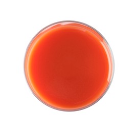 Fresh tomato juice in glass isolated on white, top view