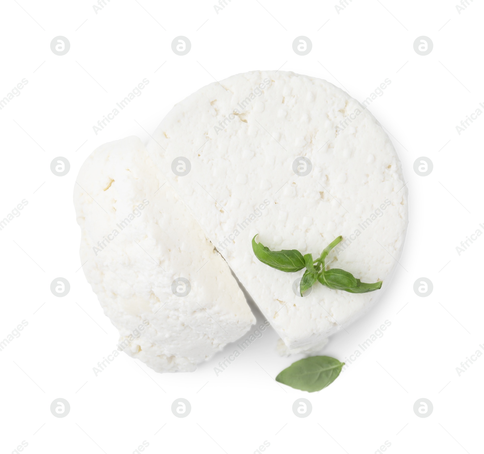 Photo of Fresh ricotta (cream cheese) and basil isolated on white, top view