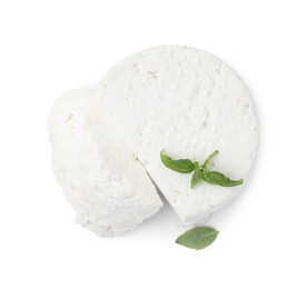 Photo of Fresh ricotta (cream cheese) and basil isolated on white, top view