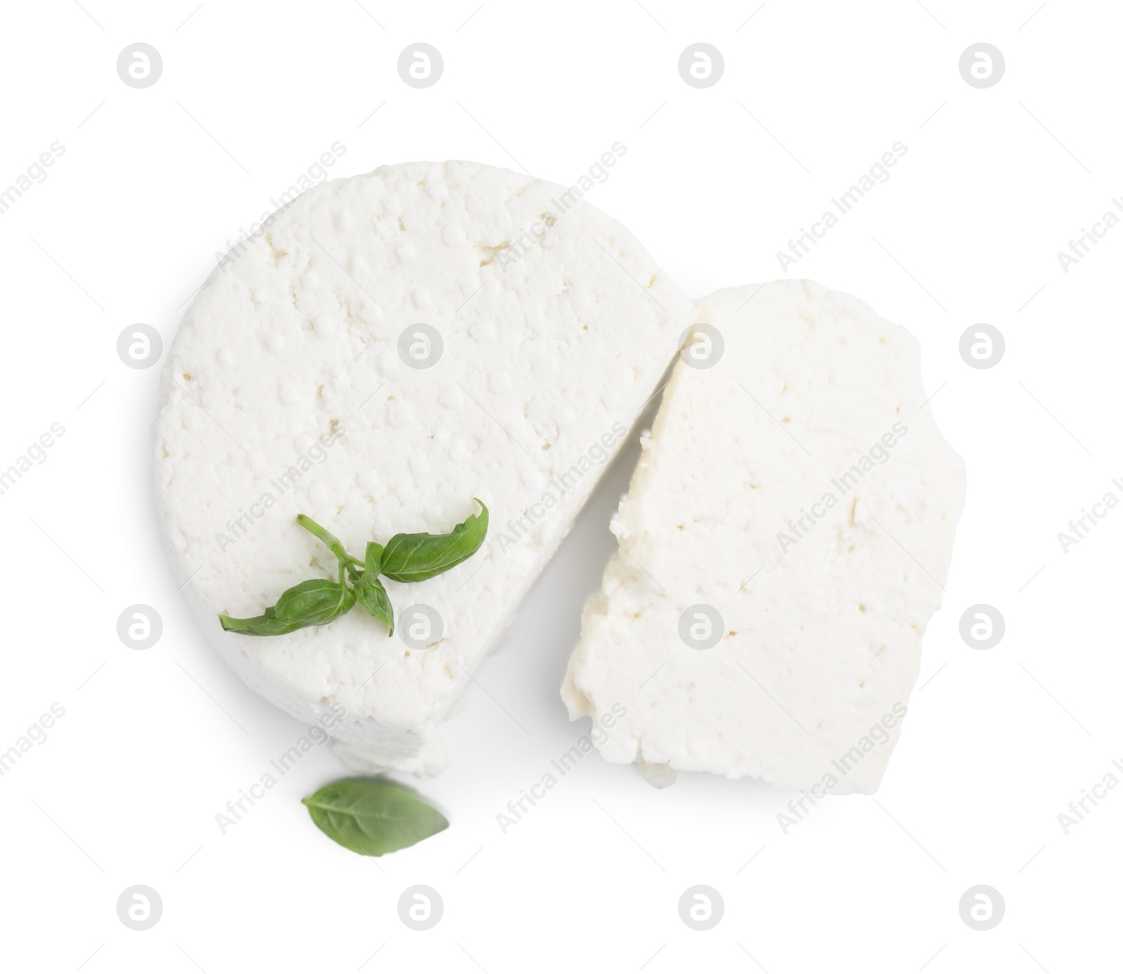 Photo of Fresh ricotta (cream cheese) and basil isolated on white, top view