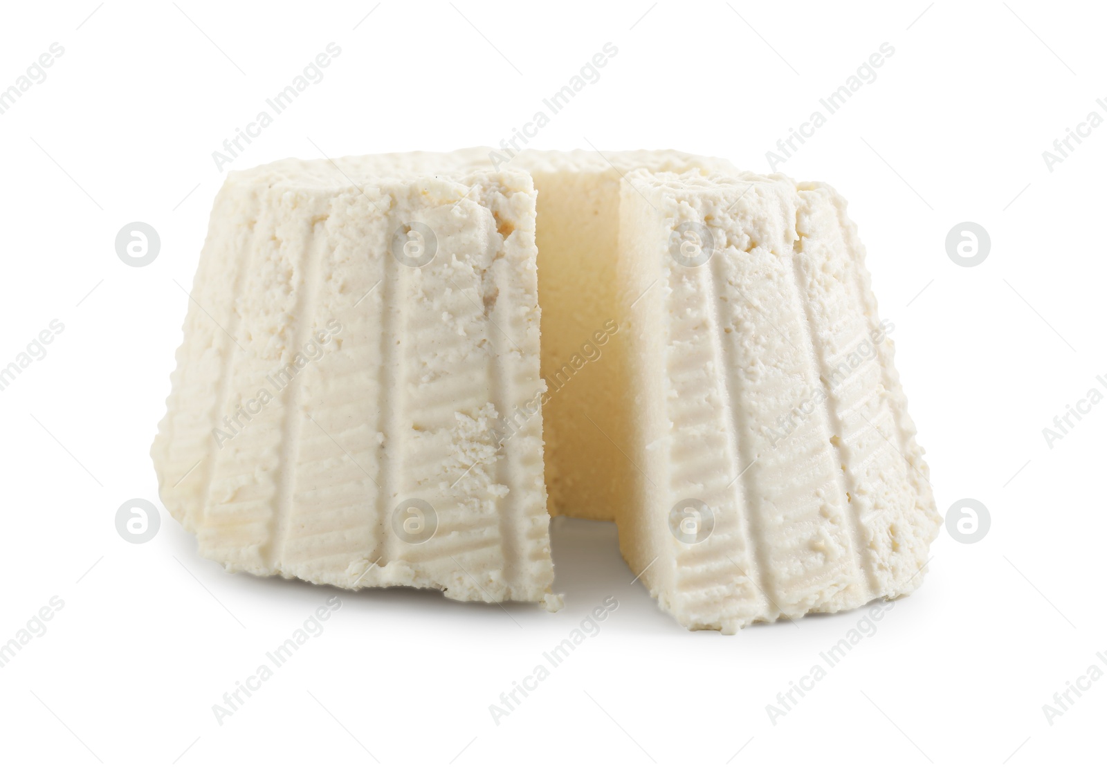 Photo of Fresh cut ricotta (cream cheese) isolated on white