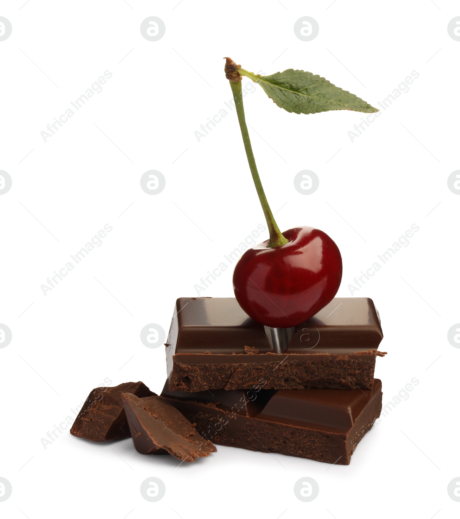 Photo of Fresh cherry with pieces of dark chocolate isolated on white