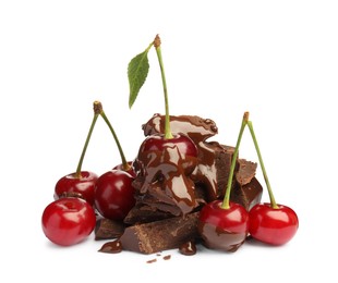 Fresh cherries with chocolate isolated on white