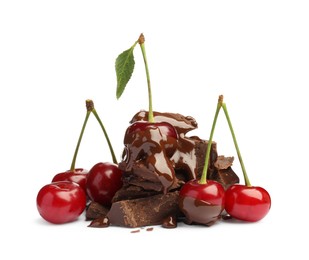 Fresh cherries with chocolate isolated on white