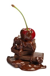 Photo of Fresh cherry with chocolate isolated on white