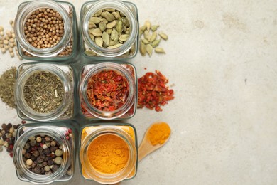 Different spices in glass jars on light grey table, top view. Space for text