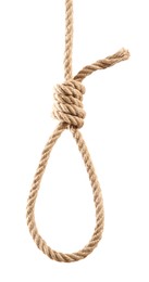 Photo of Hemp rope with knot on white background