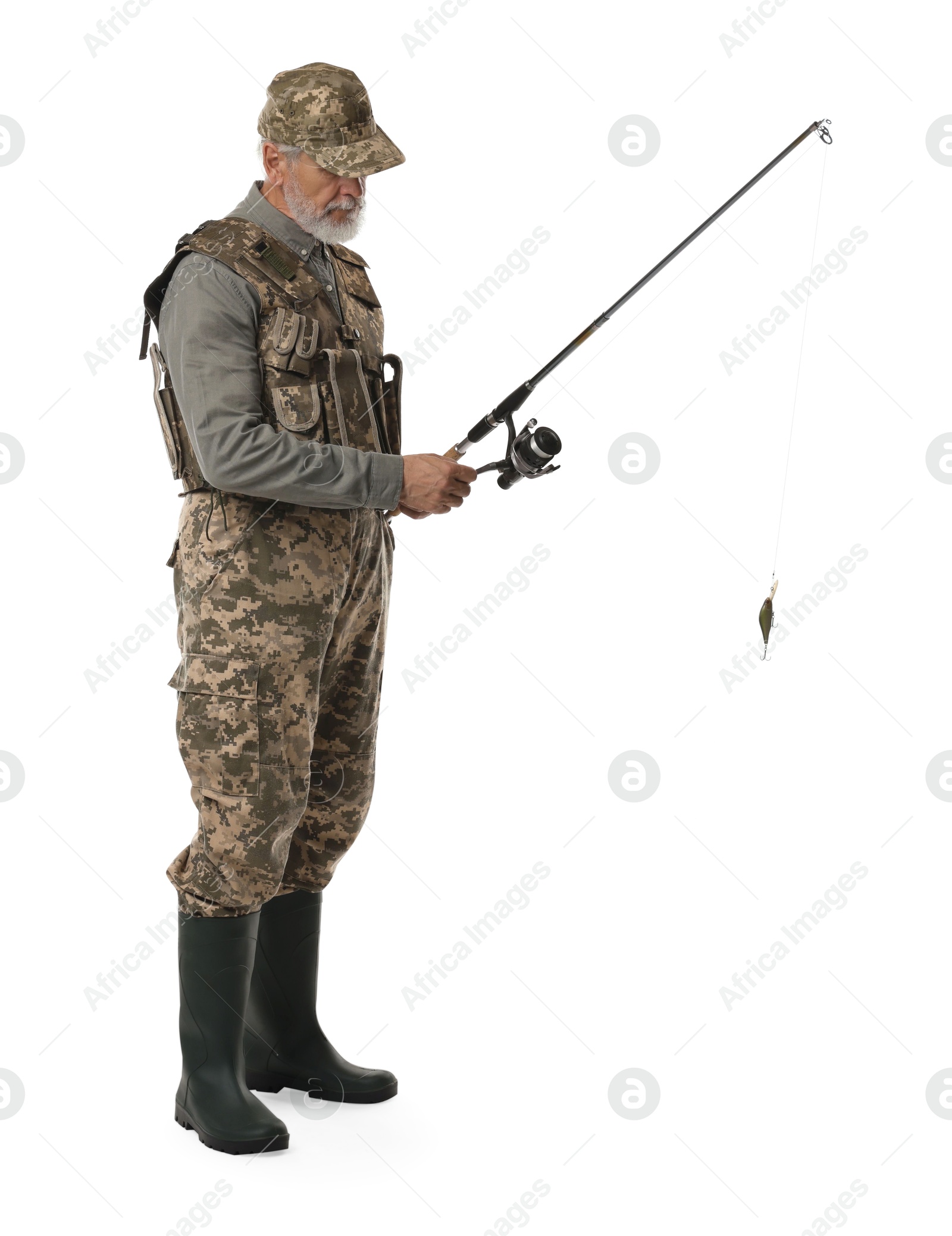 Photo of Fisherman with fishing rod on white background