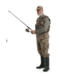 Photo of Fisherman with fishing rod on white background