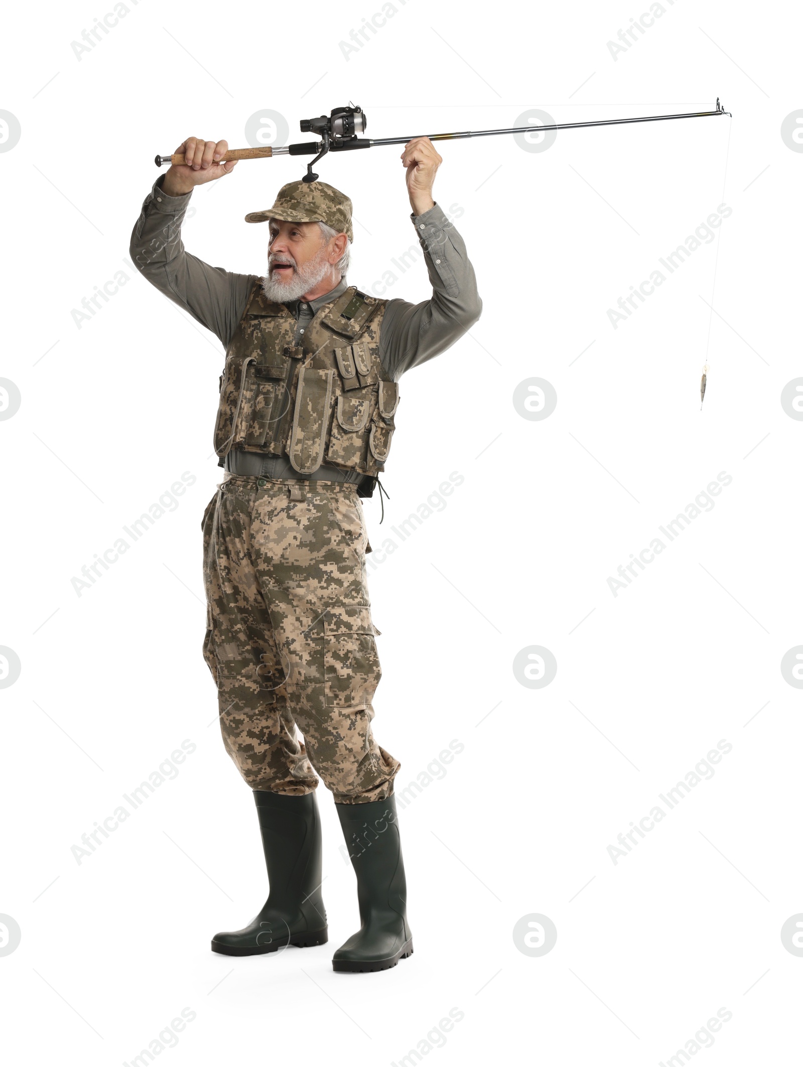 Photo of Fisherman with fishing rod on white background