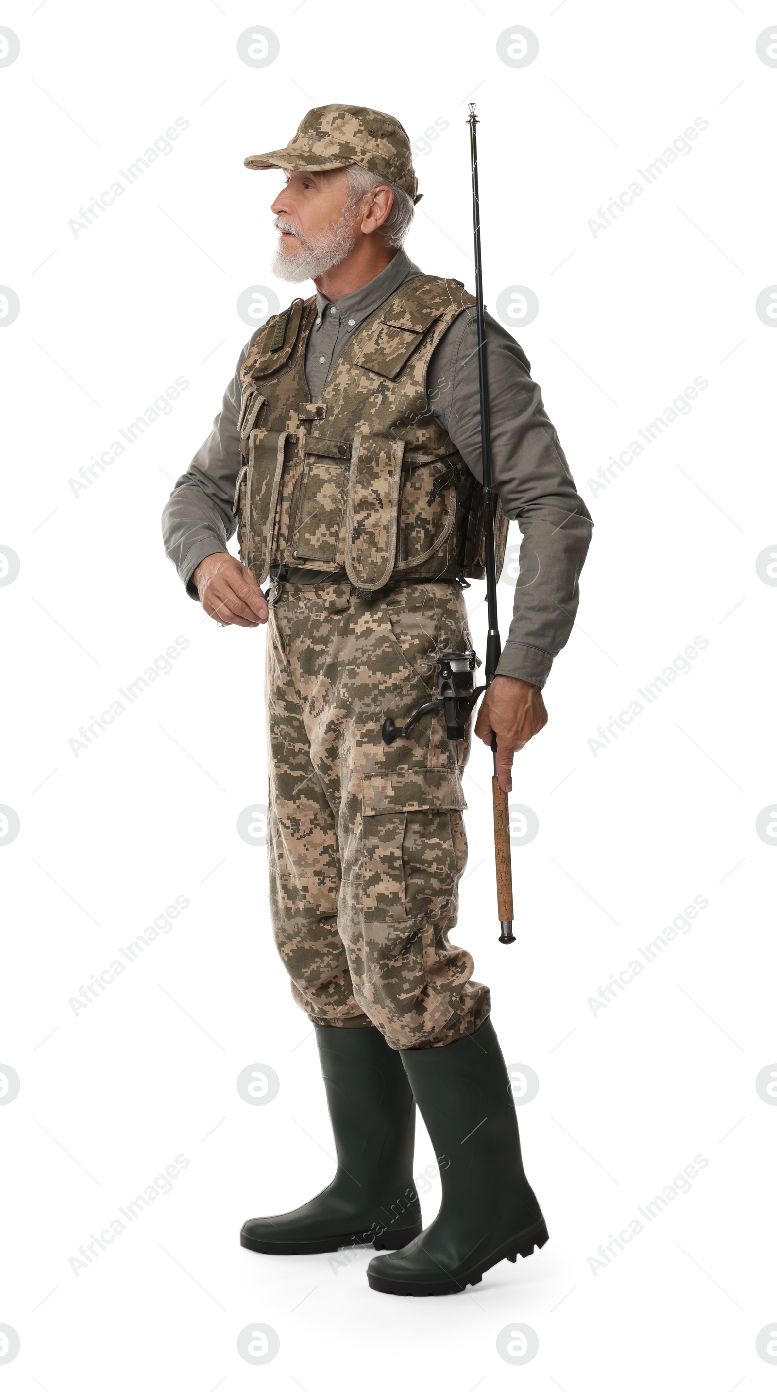 Photo of Fisherman with fishing rod on white background