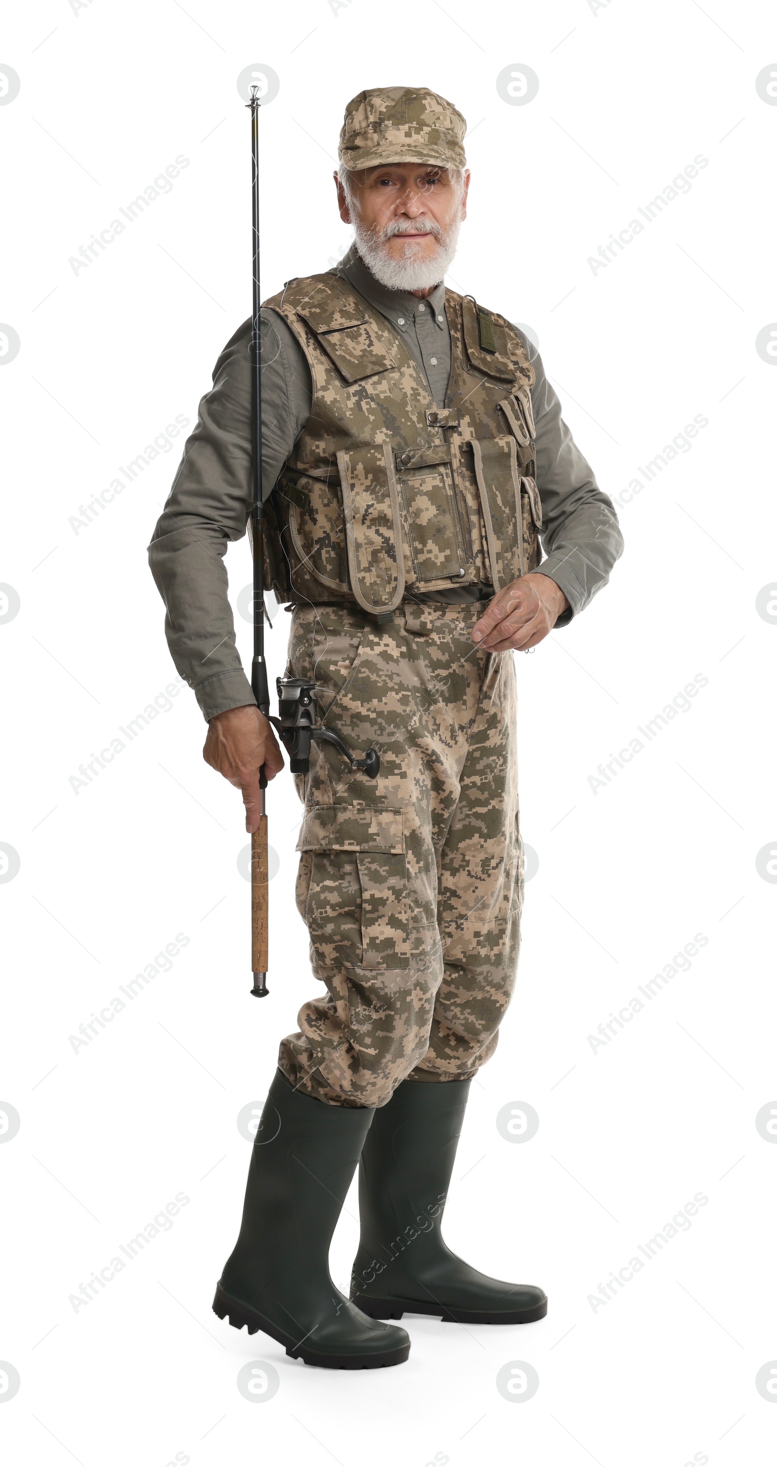 Photo of Fisherman with fishing rod on white background