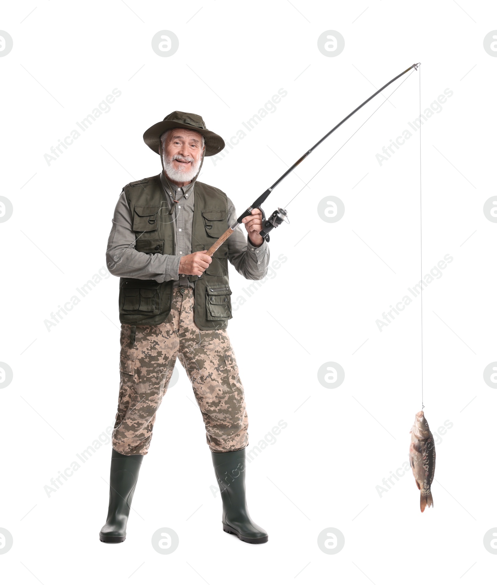 Photo of Fisherman with rod and catch on white background