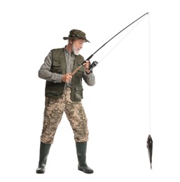 Photo of Fisherman with rod and catch on white background