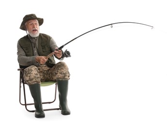 Photo of Fisherman with rod on fishing chair against white background