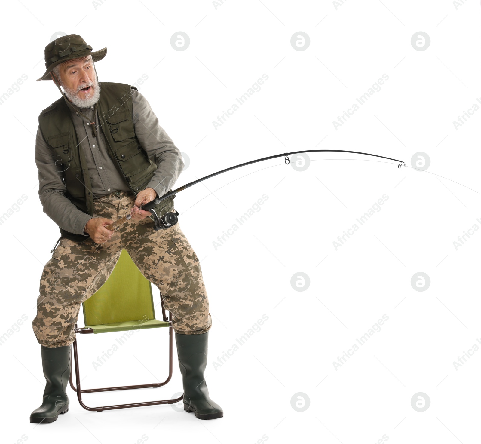 Photo of Fisherman with fishing rod on white background