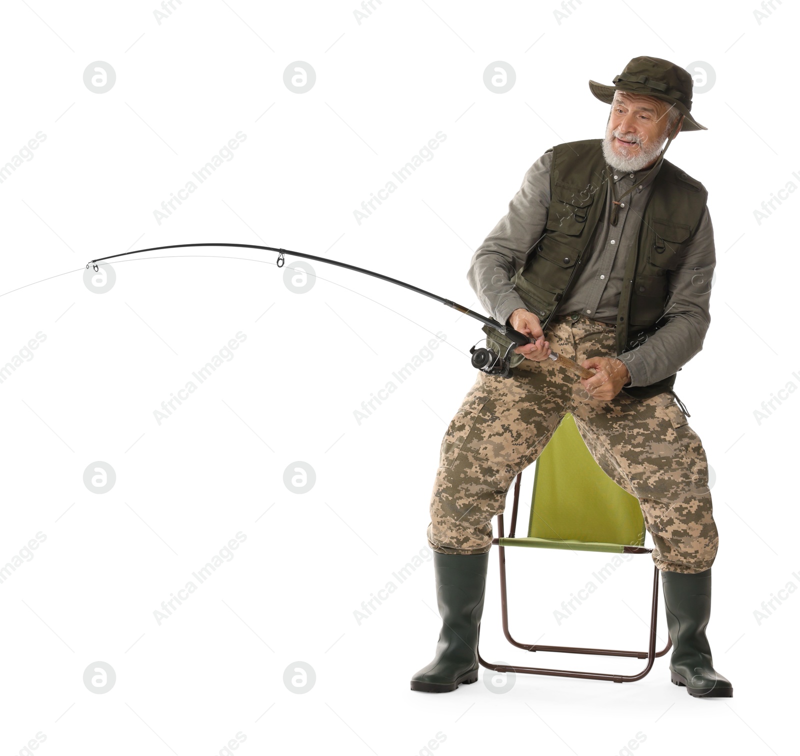 Photo of Fisherman with fishing rod on white background