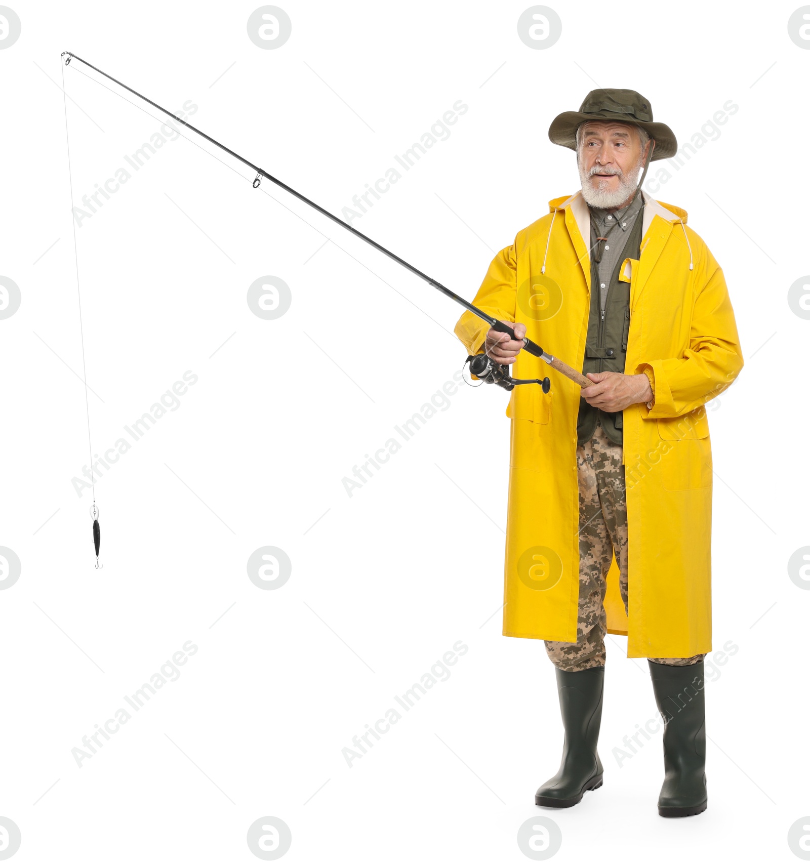 Photo of Fisherman with fishing rod on white background