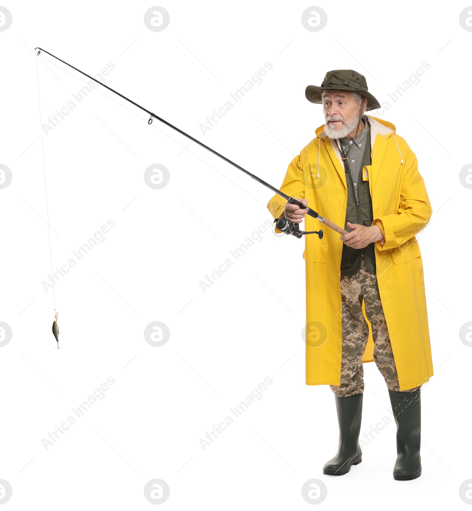 Photo of Fisherman with fishing rod on white background