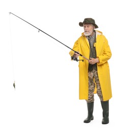 Photo of Fisherman with fishing rod on white background