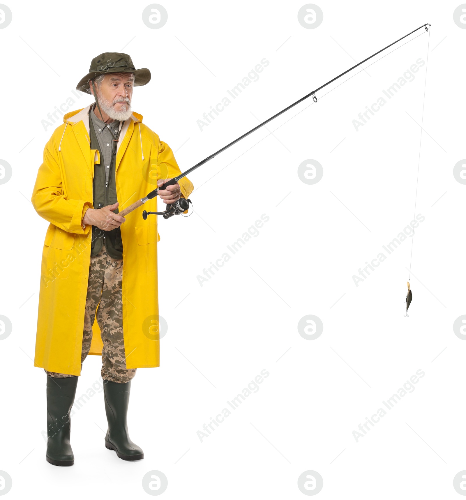 Photo of Fisherman with fishing rod on white background