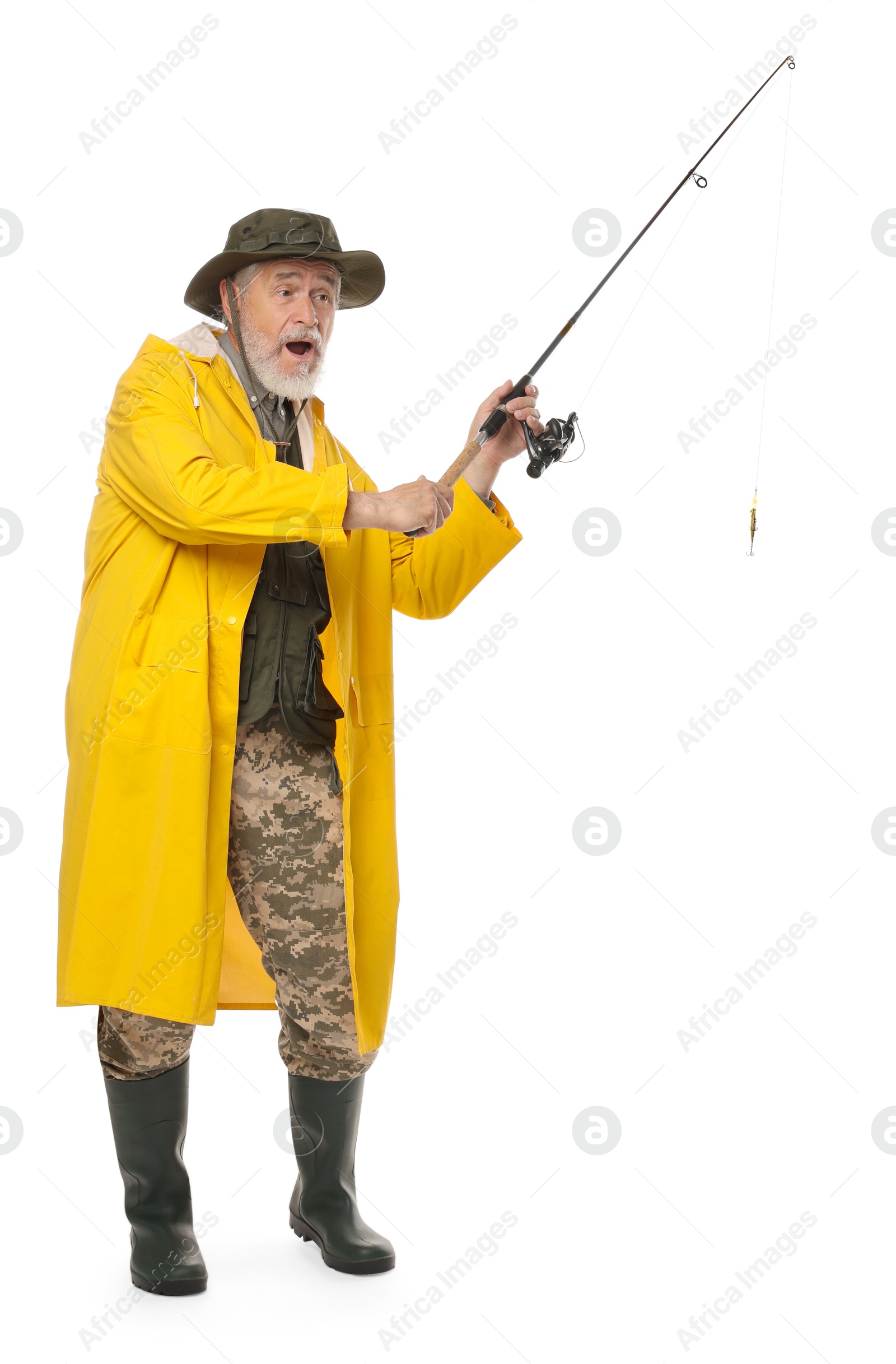 Photo of Fisherman with fishing rod on white background