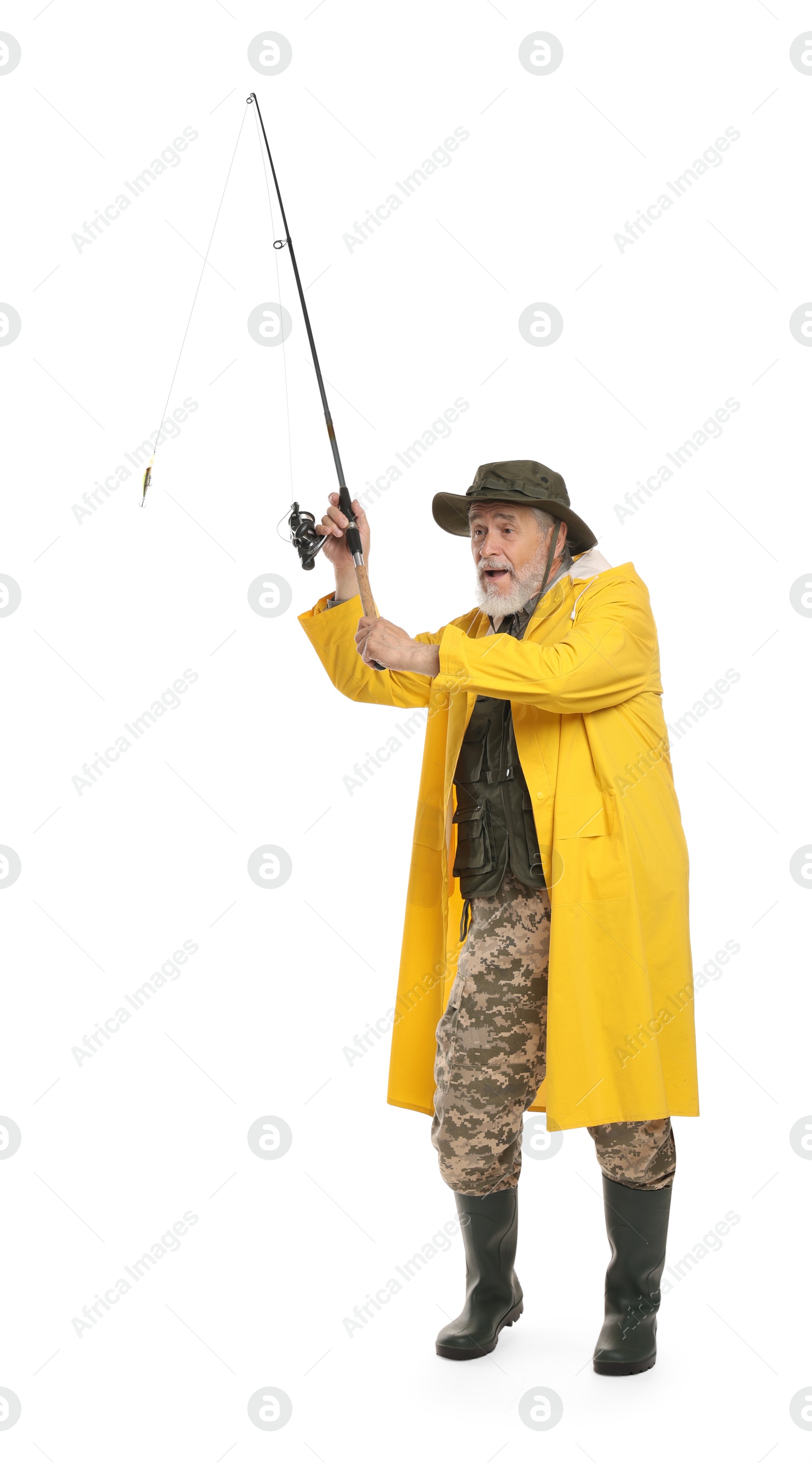 Photo of Fisherman with fishing rod on white background