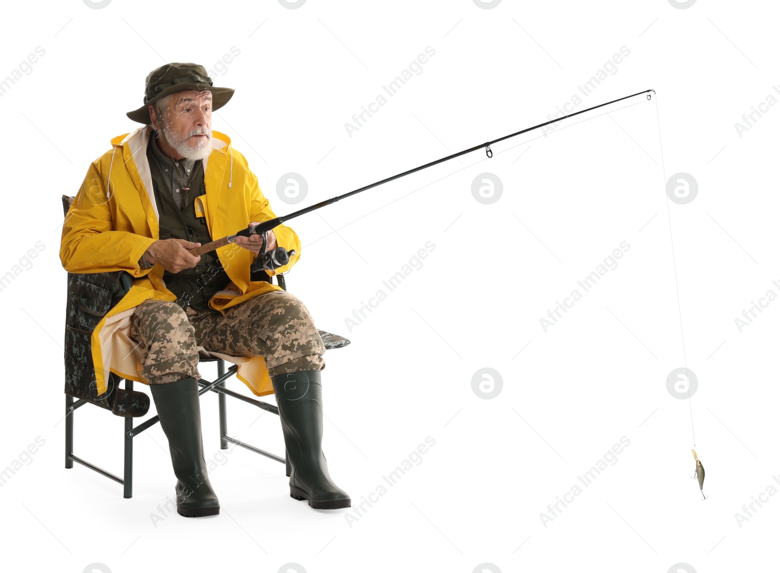 Photo of Fisherman with rod on fishing chair against white background