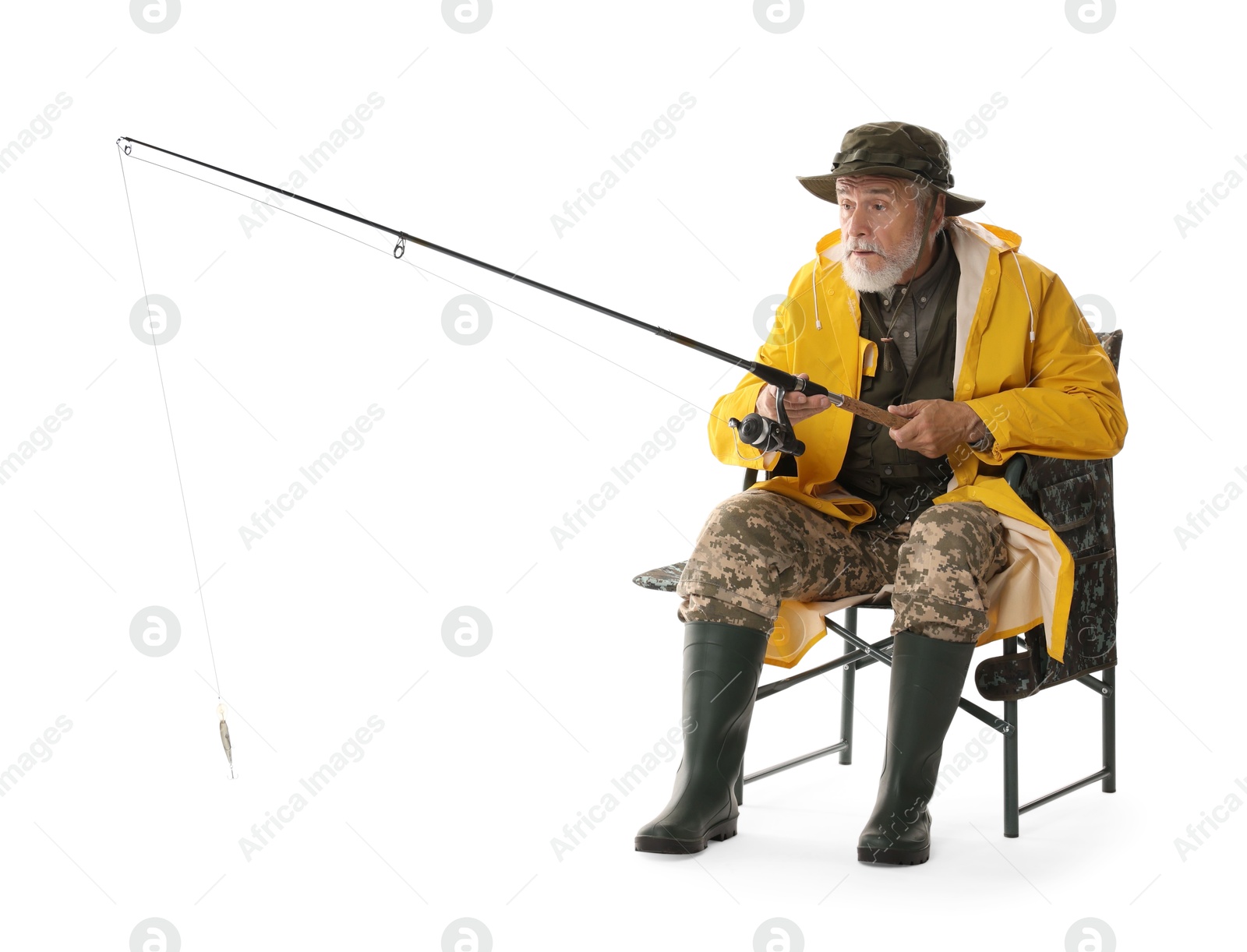 Photo of Fisherman with rod on fishing chair against white background