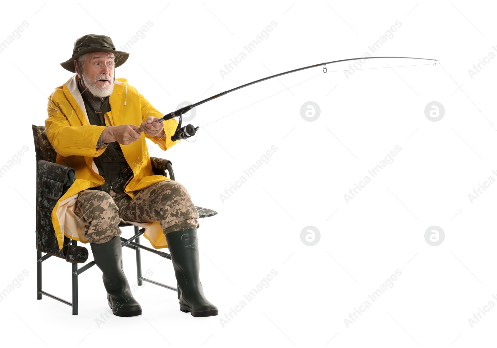 Photo of Fisherman with rod on fishing chair against white background