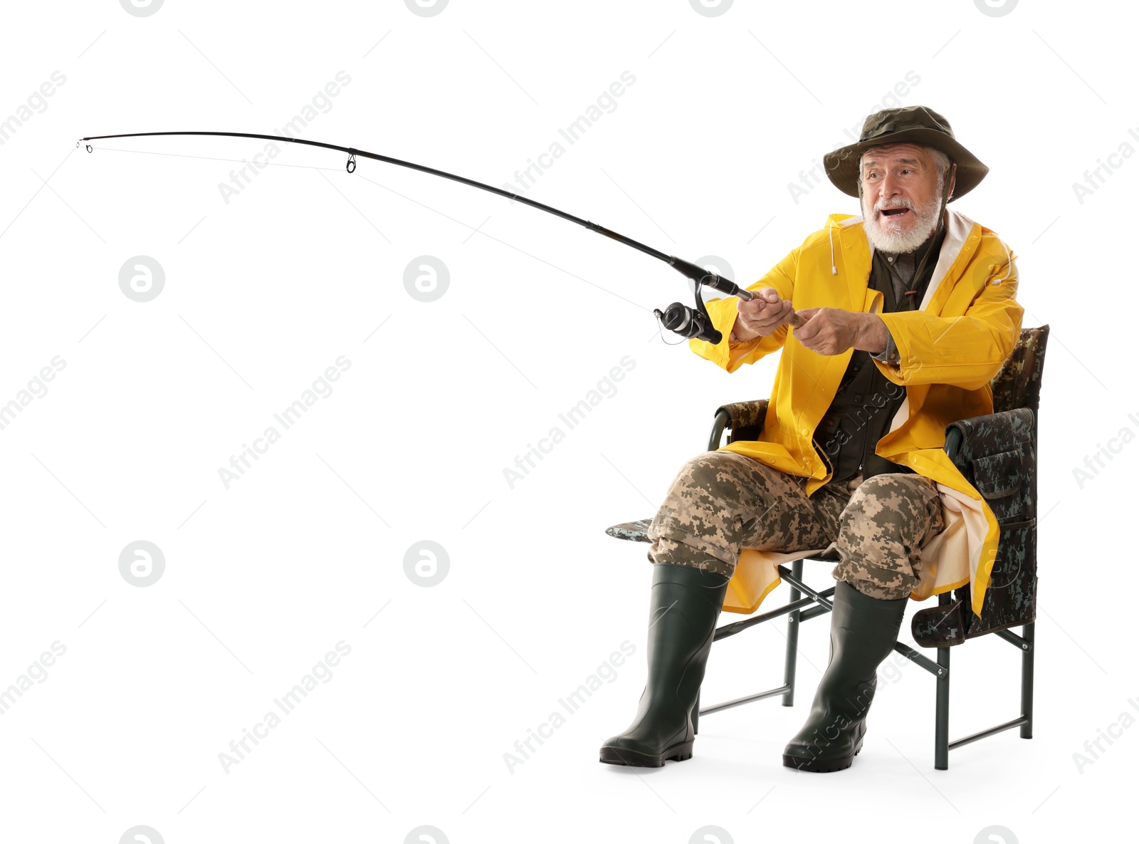 Photo of Fisherman with rod on fishing chair against white background