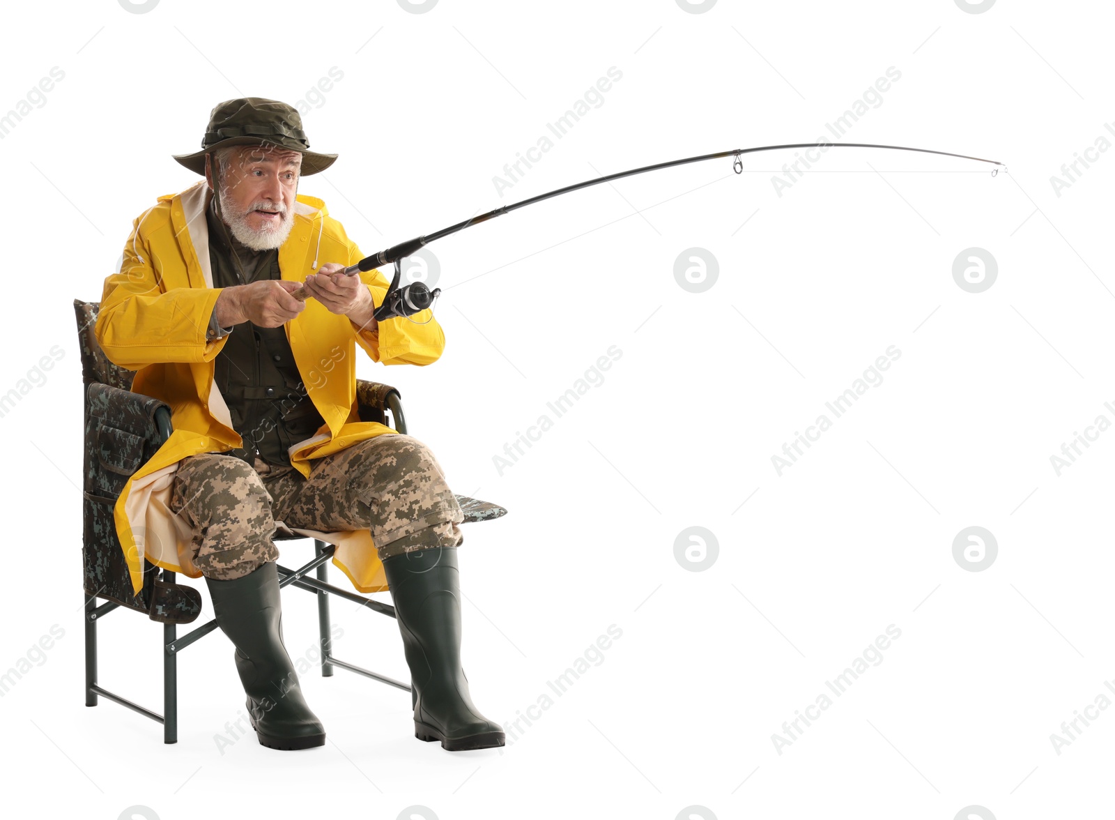 Photo of Fisherman with rod on fishing chair against white background