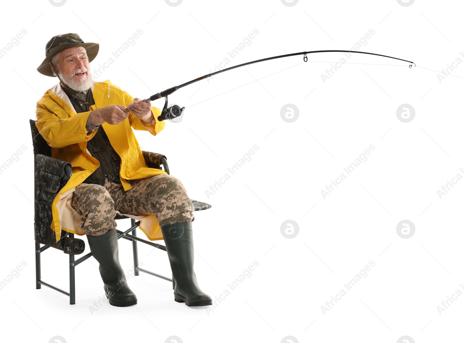 Photo of Fisherman with rod on fishing chair against white background