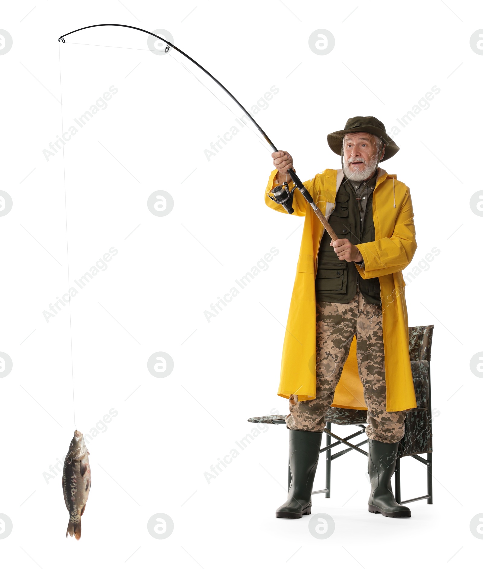 Photo of Fisherman with rod and catch on white background