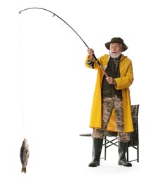 Photo of Fisherman with rod and catch on white background