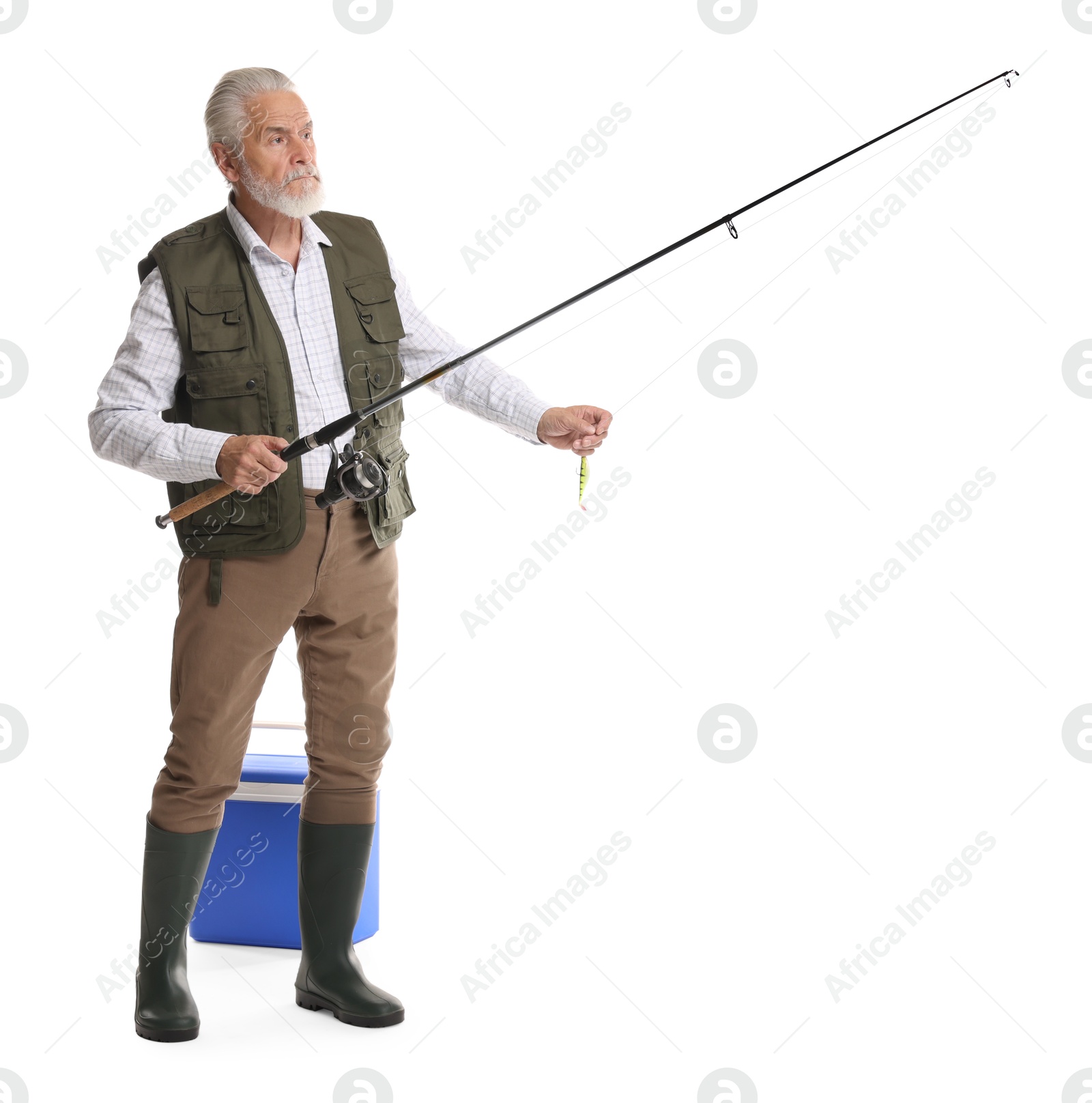 Photo of Fisherman with rod and cool box on white background