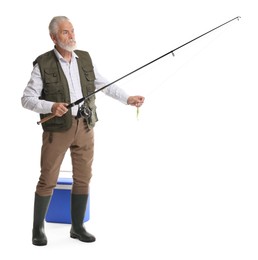 Photo of Fisherman with rod and cool box on white background