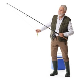 Photo of Fisherman with rod and cool box on white background
