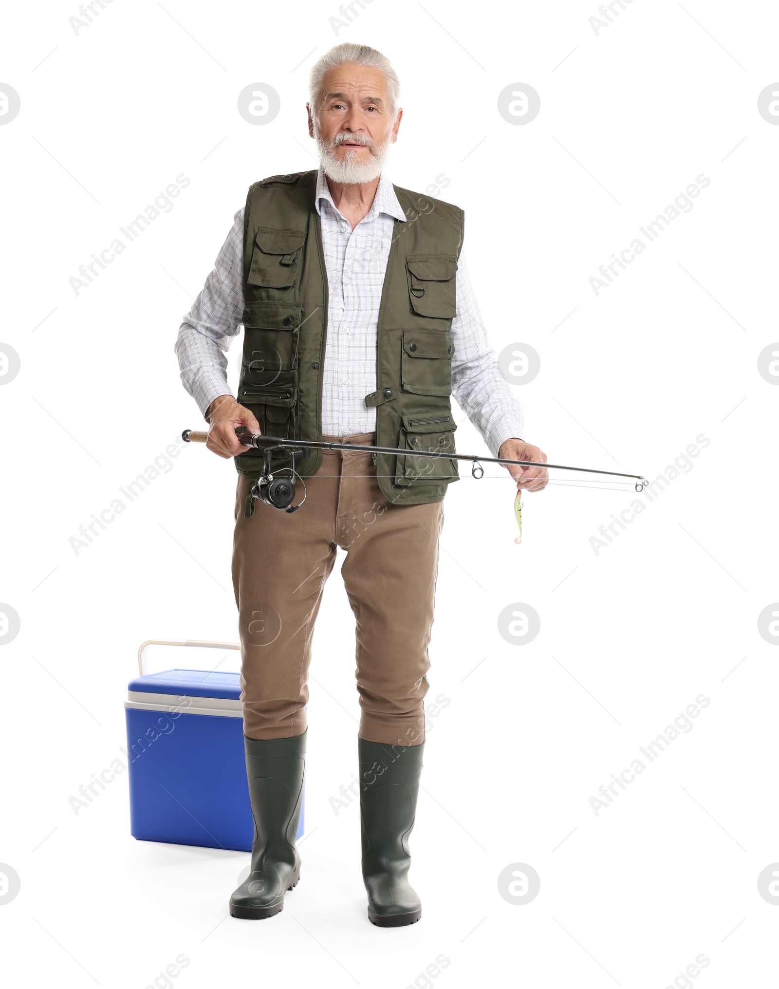 Photo of Fisherman with rod and cool box on white background