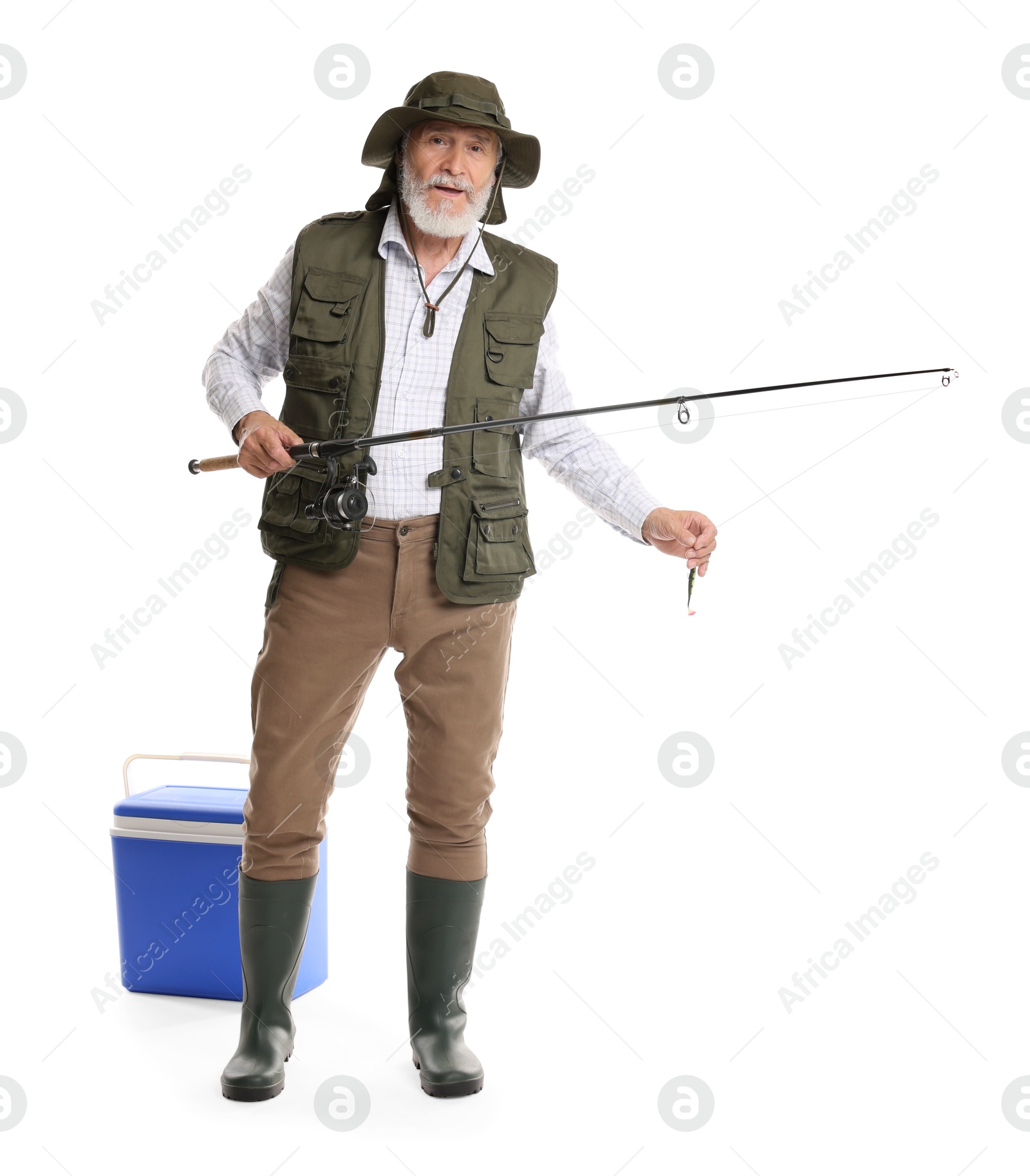 Photo of Fisherman with rod and cool box on white background