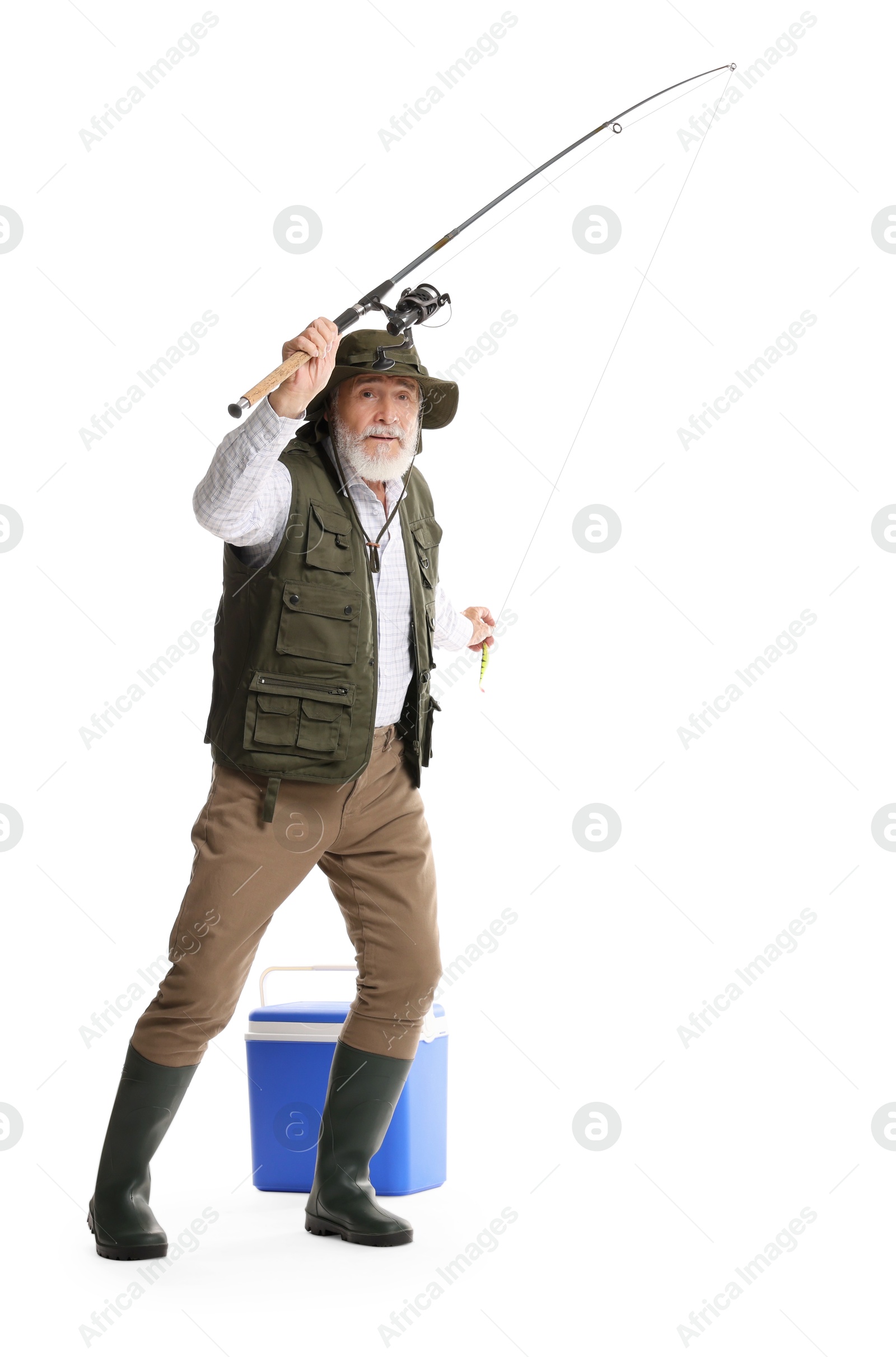 Photo of Fisherman with rod and cool box on white background