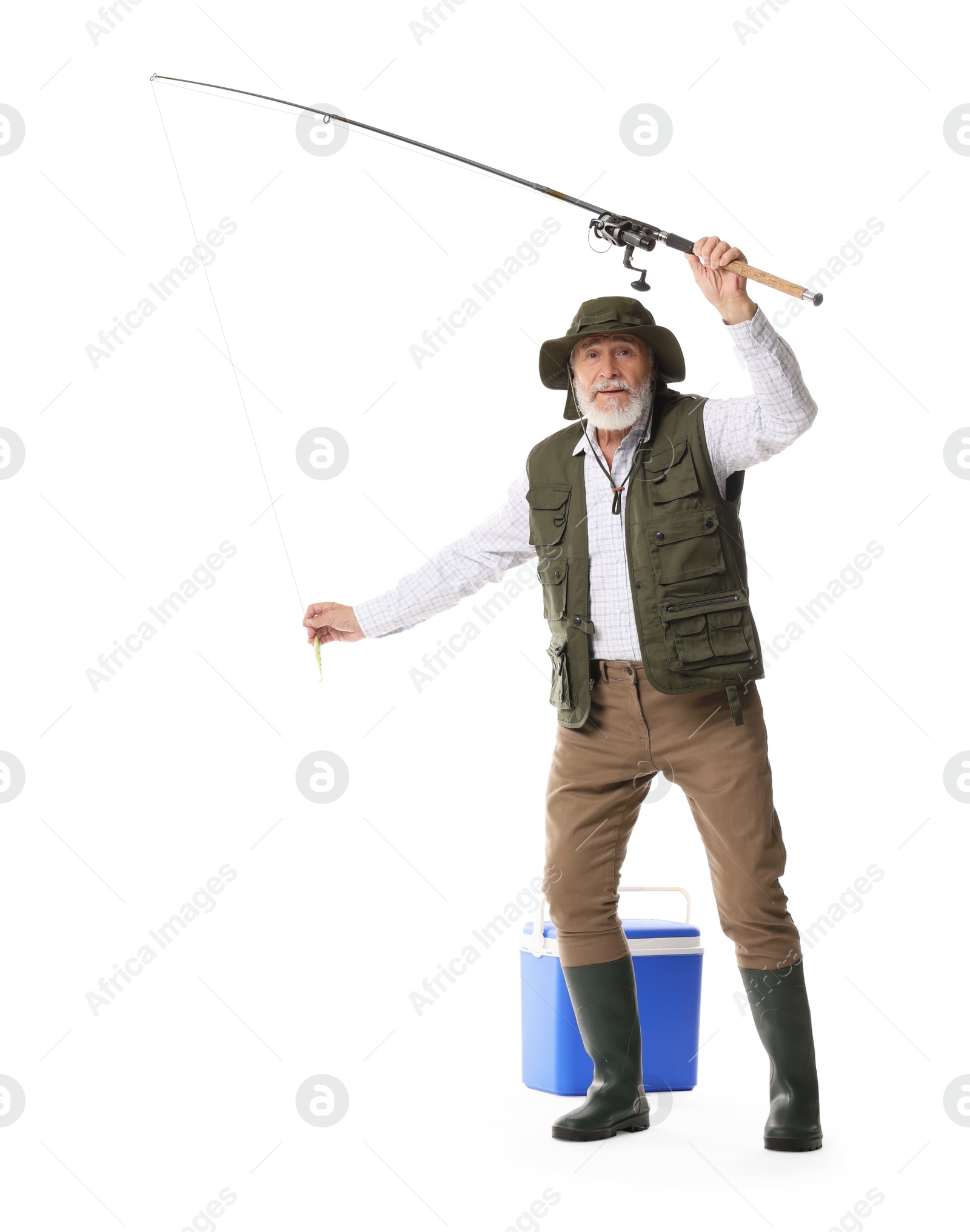 Photo of Fisherman with rod and cool box on white background