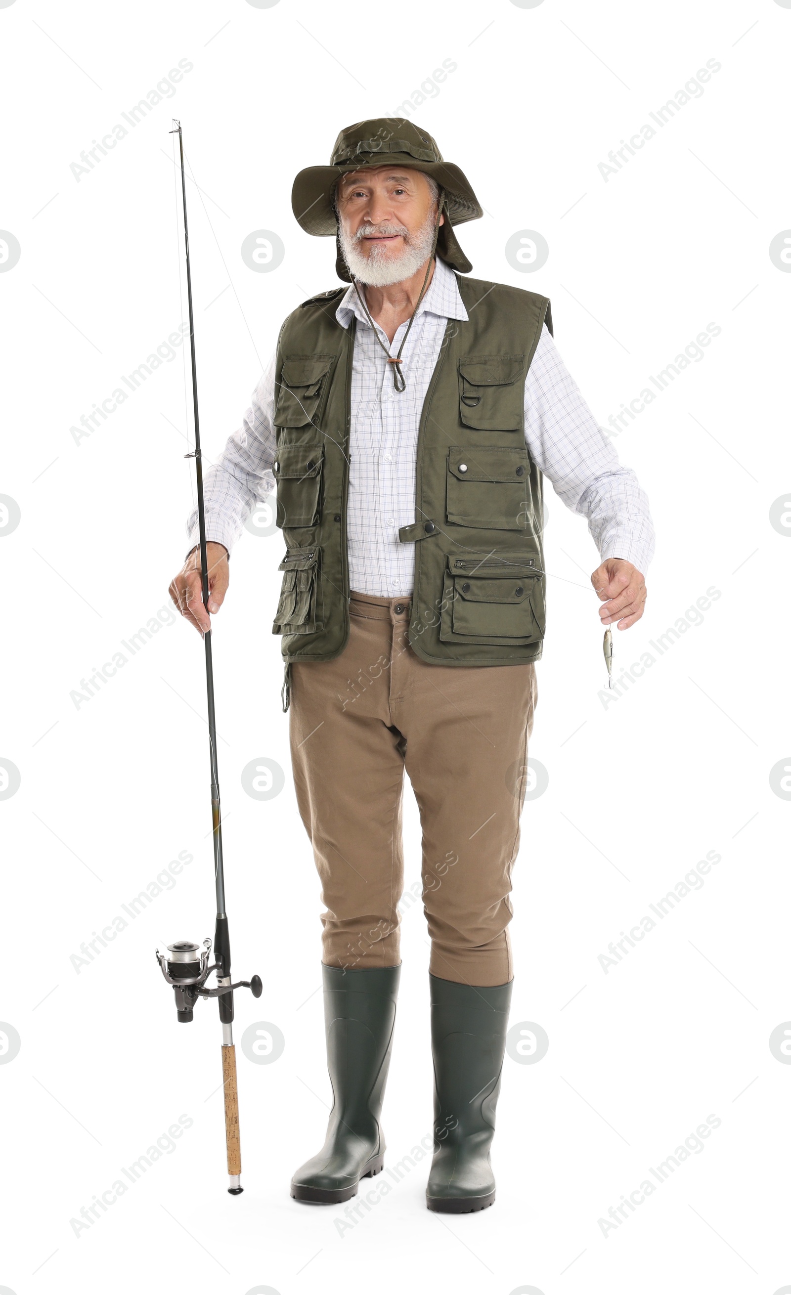 Photo of Fisherman with fishing rod on white background