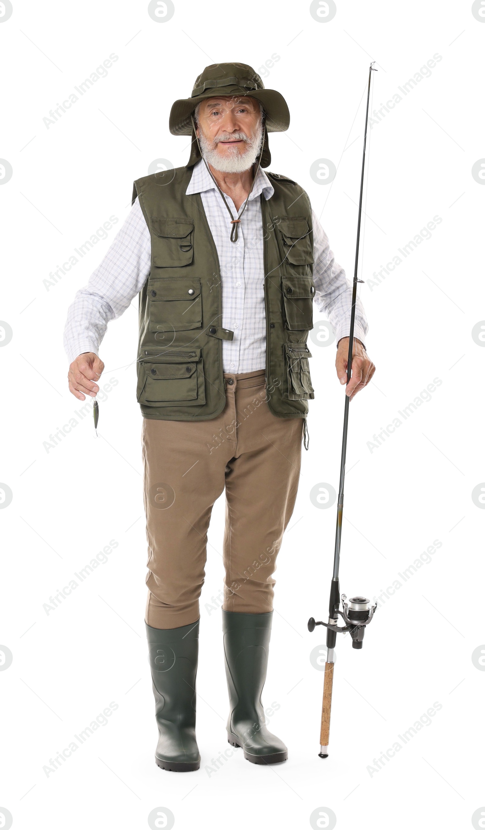 Photo of Fisherman with fishing rod on white background