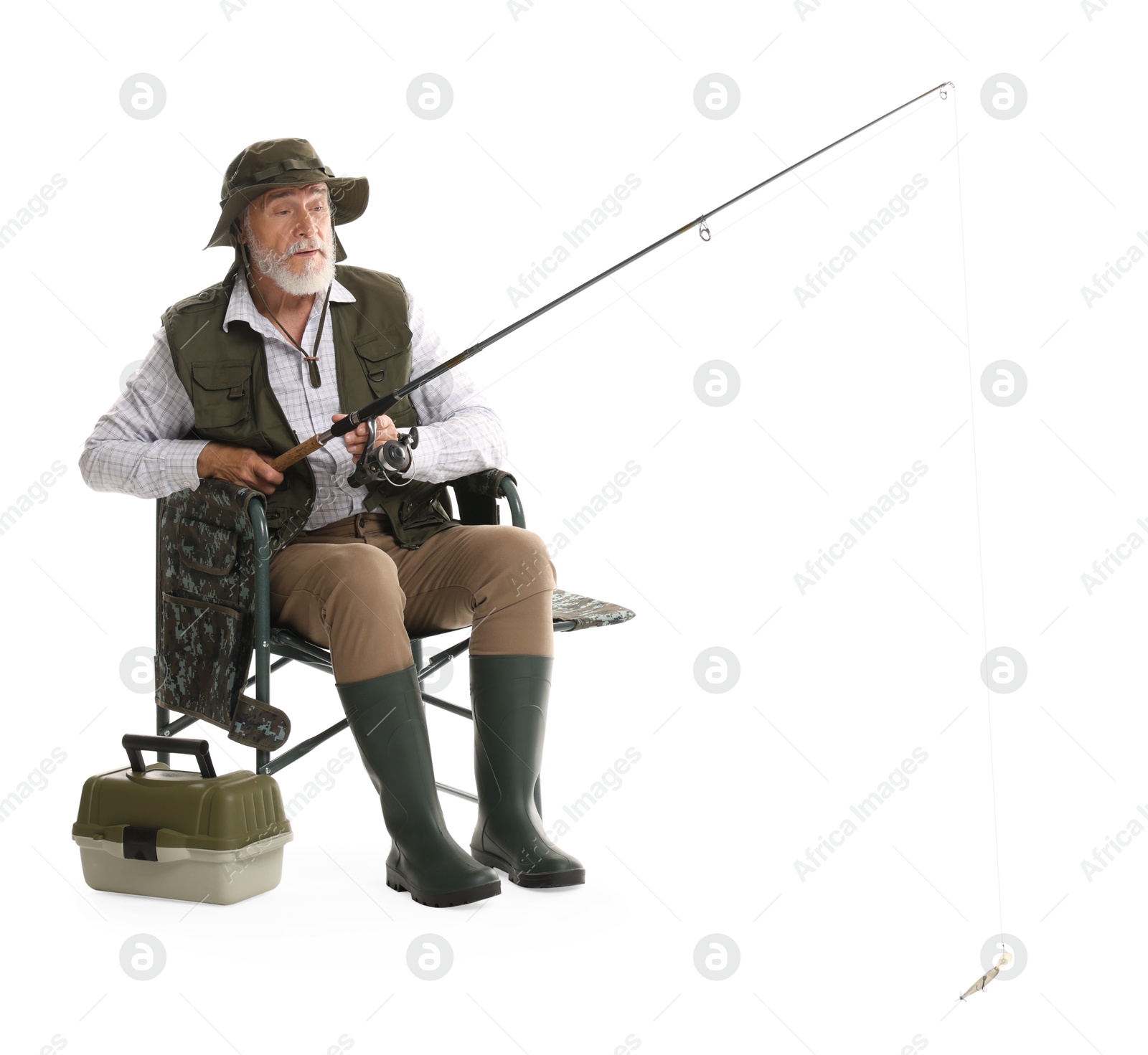 Photo of Fisherman with rod and tackle box on chair against white background