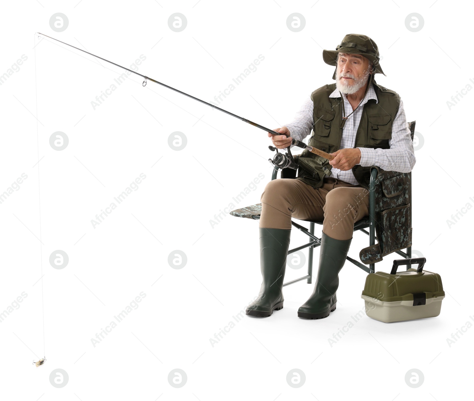 Photo of Fisherman with rod and tackle box on chair against white background