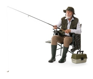 Photo of Fisherman with rod and tackle box on chair against white background