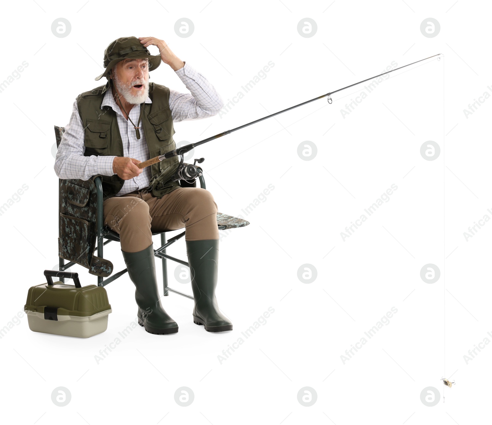 Photo of Fisherman with rod and tackle box on chair against white background